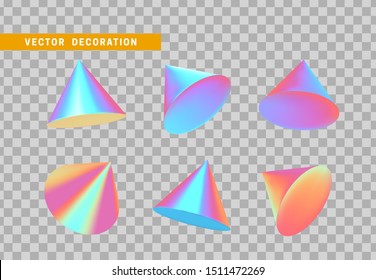 Sharp geometric cone cast volumetric. Set 3d holographic Geometric Shapes Objects. Realistic geometry elements on hologram color gradient. Render Decorative figure for design. vector illustration
