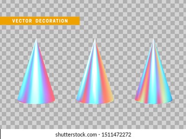 Sharp geometric cone cast volumetric. Set 3d holographic Geometric Shapes Objects. Realistic geometry elements on hologram color gradient. Render Decorative figure for design. vector illustration