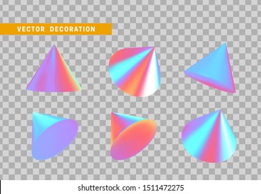 Sharp geometric cone cast volumetric. Set 3d holographic Geometric Shapes Objects. Realistic geometry elements on hologram color gradient. Render Decorative figure for design. vector illustration