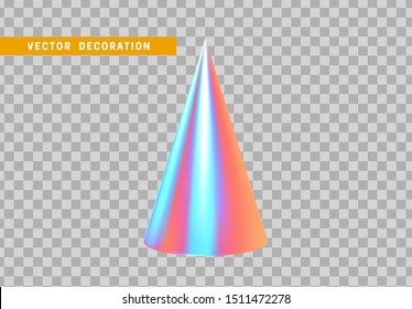 Sharp geometric cone cast volumetric. 3d holographic Geometric Shapes Objects. Realistic geometry elements on hologram color gradient. Render Decorative figure for design. vector illustration