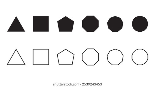 Formas geométricas nítidas, preenchimento e contorno de pentágono quadrado, octógono, decágono, octógono,.Design vetorial	
