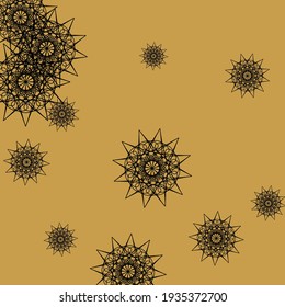 Sharp Golden Mustard Folk Mystery Sky Wallpaper. Gothic Mandala Gold Christmas Autumn Pattern. Print Luxury Snowflakes Dark Stars Design Pic. New YearColorful Chaotic Black Rich Composition.