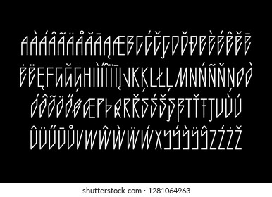 Sharp gothic neon linear tube font, uppercase and lowercase geometric sans serif typography, numerals and symbols, thin and angled minimalistic tattoo letters for neon signs, invitations and art