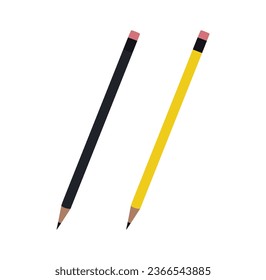 Sharp graphite pencils icon in flat style. Vector illustration of black and yellow pencils with rubber eraser for art, for notes writing, drawing. Wooden stationery with sharpened tip isolated. Vector