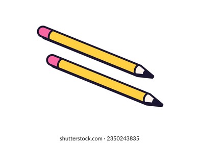 Sharp graphite pencils icon in retro style. Wood stationery with sharpened tip, rubber eraser. School supplies for notes writing, drawing. Flat vector illustration isolated on white background