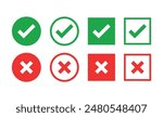 Sharp green checkmark and red cross on isolated white background vector symbol for right and wrong choices. Modern flat design, Checkmark icon set. Checkmark right symbol tick sign