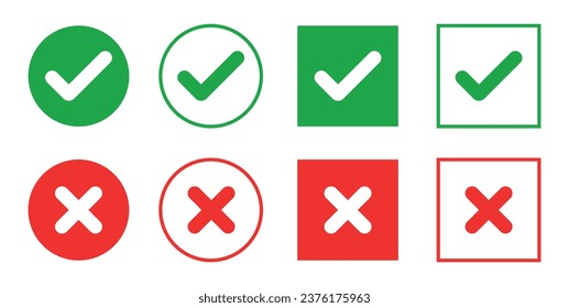 Sharp green checkmark and red cross on isolated white background vector symbol for right and wrong choices. Modern flat design, Checkmark icon set. Checkmark right symbol tick sign