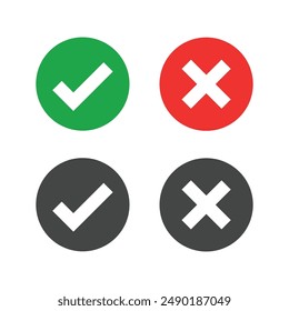 Marca de verificación verde nítida y cruz roja en el símbolo de Vector de fondo blanco aislado para opciones correctas e incorrectas. Diseño plano moderno, conjunto de iconos de marca de verificación. Marca de verificación símbolo de la derecha marca de verificación