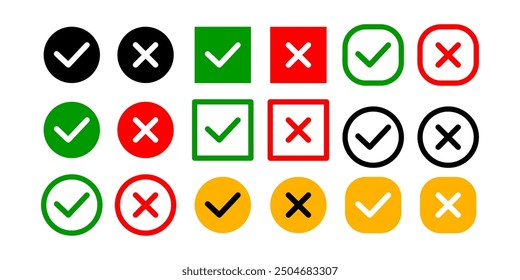 Marca de verificación verde aguda y Vector de icono de cruz roja. Signo y símbolo para la elección correcta e incorrecta.