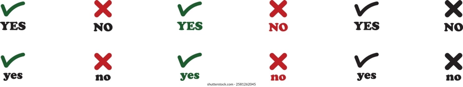 Sharp green checkmark and red cross icon set on isolated transparent background black vector symbol for right and wrong choices. Modern flat and line design symbol tick sign collection. Yes or No.