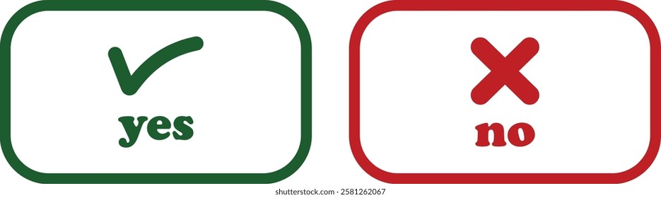 Sharp green checkmark and red cross icon set on isolated transparent background black vector symbol for right and wrong choices. Modern flat and line design symbol tick sign collection. Yes or No.