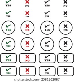 Sharp green checkmark and red cross icon set on isolated transparent background black vector symbol for right and wrong choices. Modern flat and line design symbol tick sign collection. Yes or No.