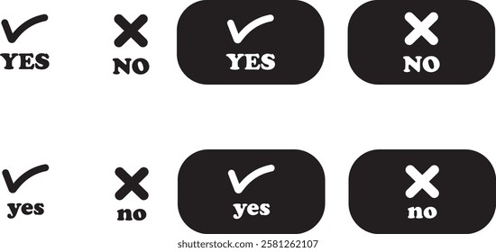 Sharp green checkmark and red cross icon set on isolated transparent background black vector symbol for right and wrong choices. Modern flat and line design symbol tick sign collection. Yes or No.