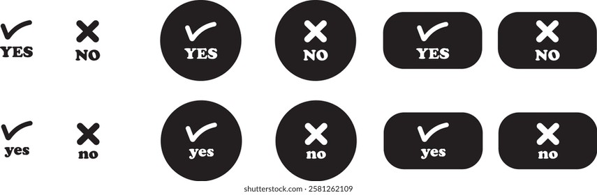 Sharp green checkmark and red cross icon set on isolated transparent background black vector symbol for right and wrong choices. Modern flat and line design symbol tick sign collection. Yes or No.