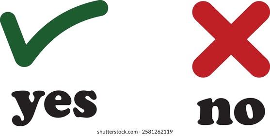 Sharp green checkmark and red cross icon set on isolated transparent background black vector symbol for right and wrong choices. Modern flat and line design symbol tick sign collection. Yes or No.