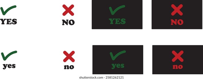 Sharp green checkmark and red cross icon set on isolated transparent background black vector symbol for right and wrong choices. Modern flat and line design symbol tick sign collection. Yes or No.