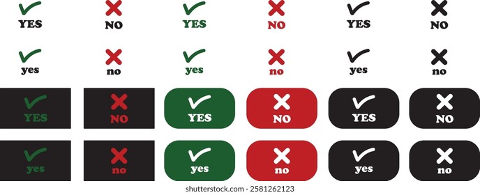 Sharp green checkmark and red cross icon set on isolated transparent background black vector symbol for right and wrong choices. Modern flat and line design symbol tick sign collection. Yes or No.