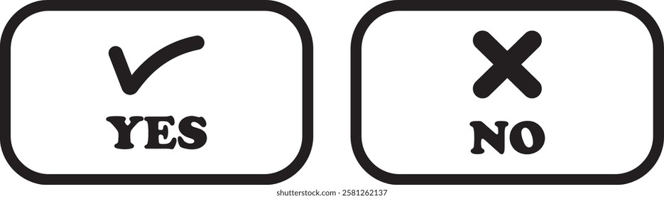Sharp green checkmark and red cross icon set on isolated transparent background black vector symbol for right and wrong choices. Modern flat and line design symbol tick sign collection. Yes or No.