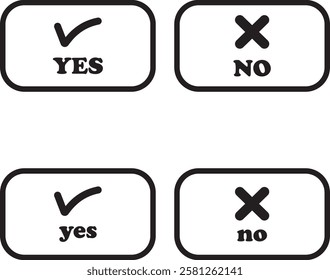 Sharp green checkmark and red cross icon set on isolated transparent background black vector symbol for right and wrong choices. Modern flat and line design symbol tick sign collection. Yes or No.