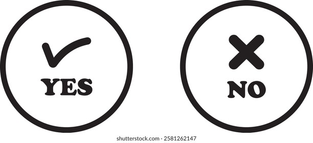 Sharp green checkmark and red cross icon set on isolated transparent background black vector symbol for right and wrong choices. Modern flat and line design symbol tick sign collection. Yes or No.