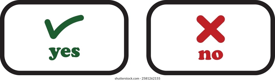 Sharp green checkmark and red cross icon set on isolated transparent background black vector symbol for right and wrong choices. Modern flat and line design symbol tick sign collection. Yes or No.