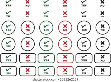 Sharp green checkmark and red cross icon set on isolated transparent background black vector symbol for right and wrong choices. Modern flat and line design symbol tick sign collection. Yes or No.