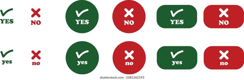 Sharp green checkmark and red cross icon set on isolated transparent background black vector symbol for right and wrong choices. Modern flat and line design symbol tick sign collection. Yes or No.