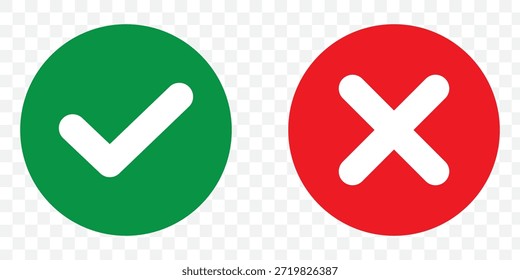 Scharfes grünes Häkchen und rotes Kreuz auf isoliertem weißem Hintergrund, Vektorsymbol für die richtige und falsche Auswahl. Modernes Flachdesign, Prüfzeichen-Symbolsatz. Häkchen rechts markieren