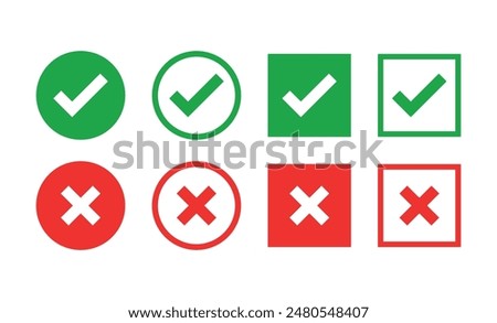 Sharp green checkmark and red cross on isolated white background vector symbol for right and wrong choices. Modern flat design, Checkmark icon set. Checkmark right symbol tick sign