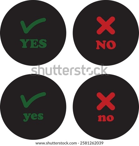Sharp green checkmark and red cross icon set on isolated transparent background black vector symbol for right and wrong choices. Modern flat and line design symbol tick sign collection. Yes or No.