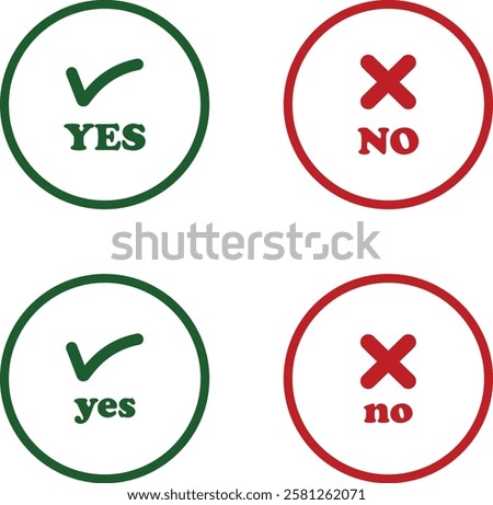 Sharp green checkmark and red cross icon set on isolated transparent background black vector symbol for right and wrong choices. Modern flat and line design symbol tick sign collection. Yes or No.