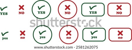 Sharp green checkmark and red cross icon set on isolated transparent background black vector symbol for right and wrong choices. Modern flat and line design symbol tick sign collection. Yes or No.