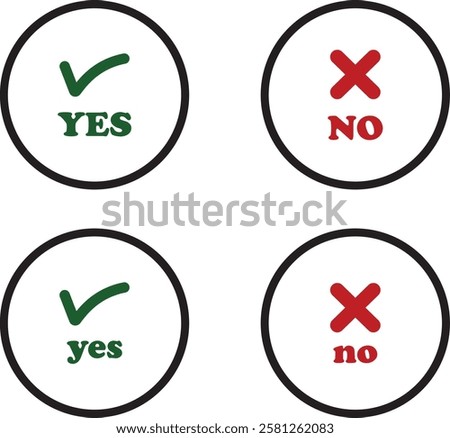 Sharp green checkmark and red cross icon set on isolated transparent background black vector symbol for right and wrong choices. Modern flat and line design symbol tick sign collection. Yes or No.