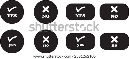 Sharp green checkmark and red cross icon set on isolated transparent background black vector symbol for right and wrong choices. Modern flat and line design symbol tick sign collection. Yes or No.