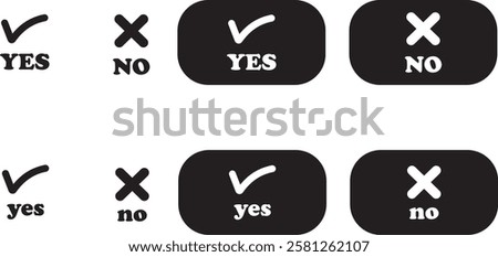 Sharp green checkmark and red cross icon set on isolated transparent background black vector symbol for right and wrong choices. Modern flat and line design symbol tick sign collection. Yes or No.