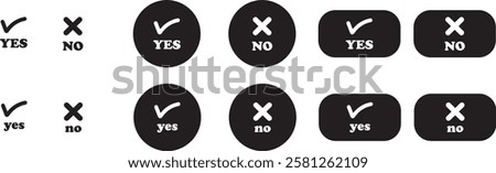 Sharp green checkmark and red cross icon set on isolated transparent background black vector symbol for right and wrong choices. Modern flat and line design symbol tick sign collection. Yes or No.