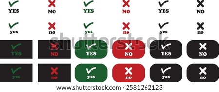 Sharp green checkmark and red cross icon set on isolated transparent background black vector symbol for right and wrong choices. Modern flat and line design symbol tick sign collection. Yes or No.