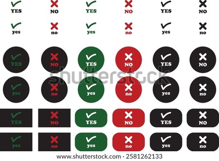 Sharp green checkmark and red cross icon set on isolated transparent background black vector symbol for right and wrong choices. Modern flat and line design symbol tick sign collection. Yes or No.