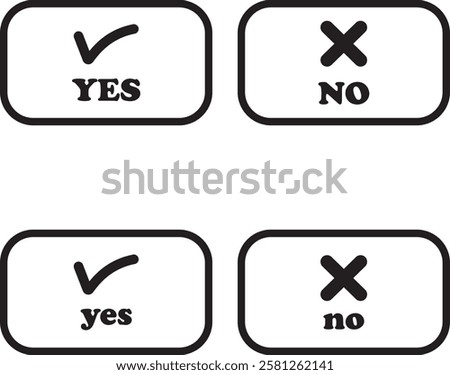 Sharp green checkmark and red cross icon set on isolated transparent background black vector symbol for right and wrong choices. Modern flat and line design symbol tick sign collection. Yes or No.