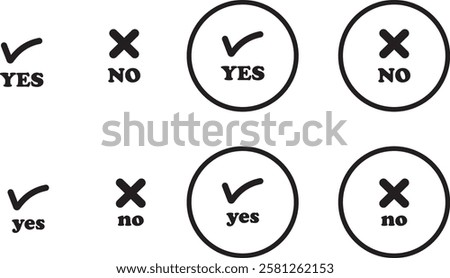Sharp green checkmark and red cross icon set on isolated transparent background black vector symbol for right and wrong choices. Modern flat and line design symbol tick sign collection. Yes or No.