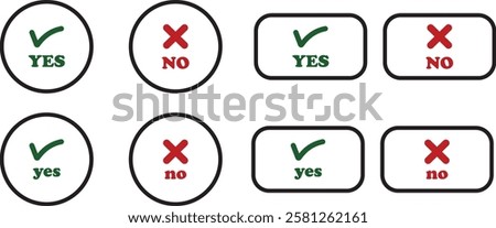 Sharp green checkmark and red cross icon set on isolated transparent background black vector symbol for right and wrong choices. Modern flat and line design symbol tick sign collection. Yes or No.