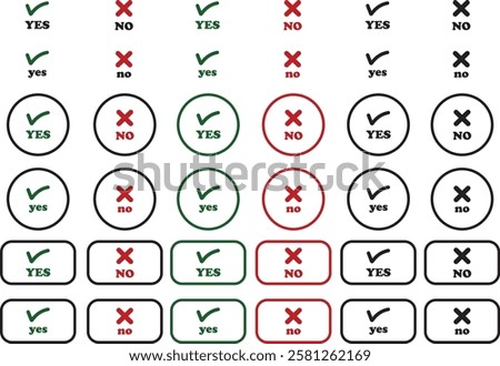 Sharp green checkmark and red cross icon set on isolated transparent background black vector symbol for right and wrong choices. Modern flat and line design symbol tick sign collection. Yes or No.