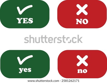 Sharp green checkmark and red cross icon set on isolated transparent background black vector symbol for right and wrong choices. Modern flat and line design symbol tick sign collection. Yes or No.