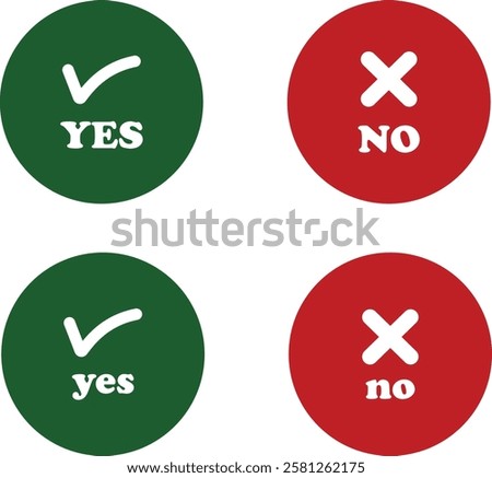 Sharp green checkmark and red cross icon set on isolated transparent background black vector symbol for right and wrong choices. Modern flat and line design symbol tick sign collection. Yes or No.