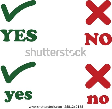 Sharp green checkmark and red cross icon set on isolated transparent background black vector symbol for right and wrong choices. Modern flat and line design symbol tick sign collection. Yes or No.