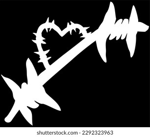 A sharp heart is kept behind barbed wire. Drawing with white lines on a black background. Creative work as a chalk drawing