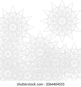 Sharp Ice Light Grey Calm Satanic Monochrome Ornamental Background. Folk Print Frost Winter Silver Pastel Luxury Soft Pattern. Stars Mystery Cold Lace White Mandala Chaotic Complicated Wallpaper.