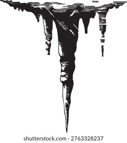 Sharp icicle hanging from a frozen surface with a jagged texture and dripping tip