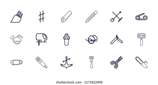 Sharp icon. collection of 18 sharp outline icons such as shovel and rake, pin, bllade razor, electric razor, electric saw, scissors. editable sharp icons for web and mobile.