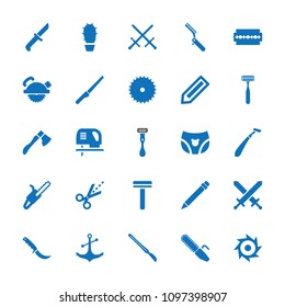 Sharp icon. collection of 25 sharp filled icons such as pencil, razor, blade saw, saw blade, sword, anchor, scissors, scalpel, knife. editable sharp icons for web and mobile.